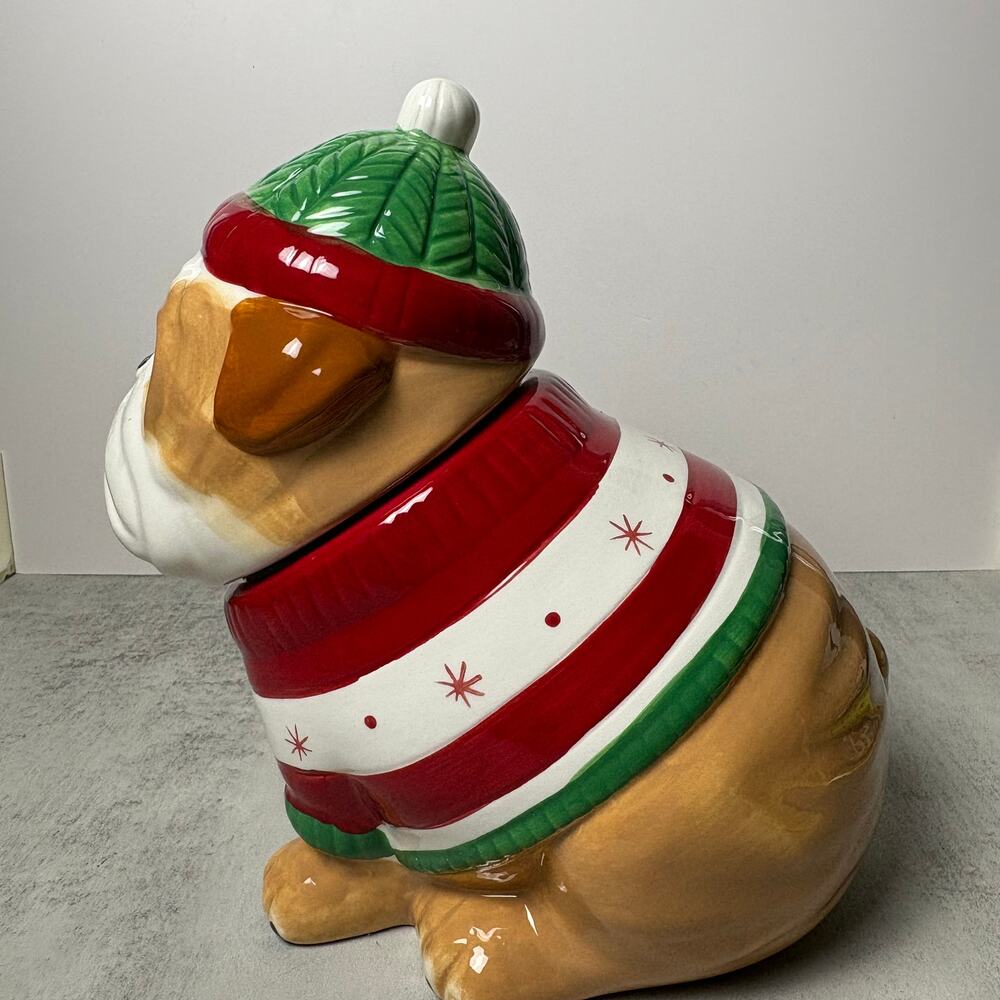Sleigh Bell Bistro Holiday Hand-Painted Bulldog Ceramic Cookie Jar - Picture 4 of 16